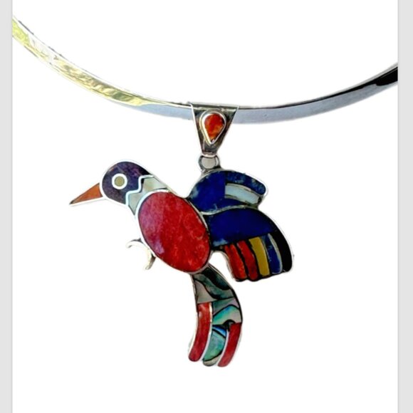 New| Peruvian 950 Sterling Silver Hummingbird Pendant | Handcrafted Mosaic Inlay - Picture 3 of 16